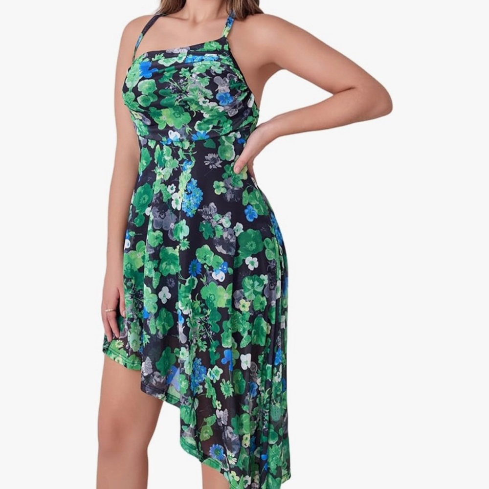 Chic Nation Asymmetrical Floral Dress - Black and Green